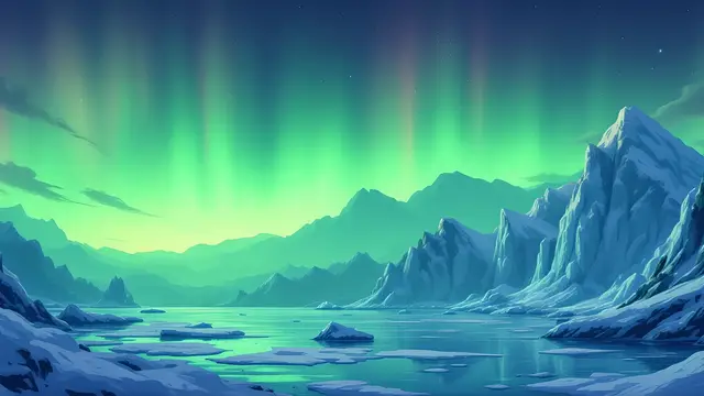Anime-style scenery of green aurora over a frozen sea with tall ice cliffs