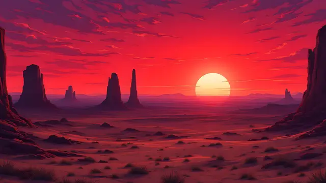 Anime-style scenery of a red sunset over a vast desert with tall rock towers