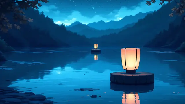 Anime-style scenery of two paper lanterns floating over a calm lake at night, blank lanterns