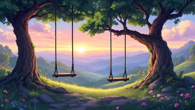 Anime-style scenery of two rope swings hanging from a big tree on a hill at sunset