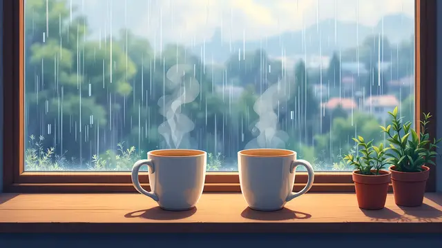 Anime-style scenery of two steaming mugs on a windowsill with rain falling outside