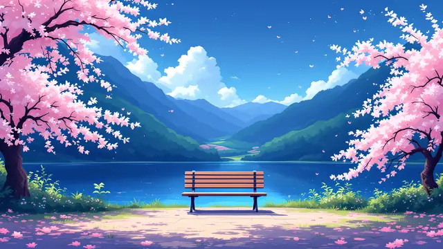 Anime-style scenery of an empty bench for two under cherry blossom trees by a river