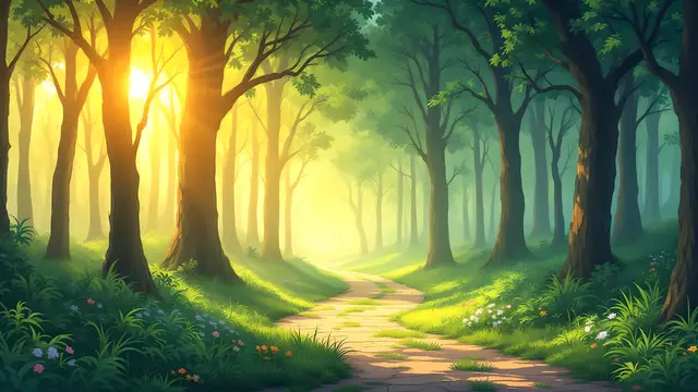 Anime-style scenery of two forest paths joining into one under golden light