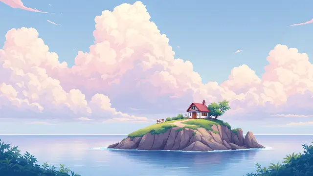 Anime-style scenery of a tiny island with a small round house under soft pastel clouds