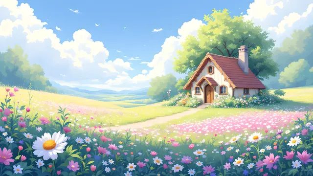 Anime-style scenery of a cozy tiny cottage in a pastel flower meadow