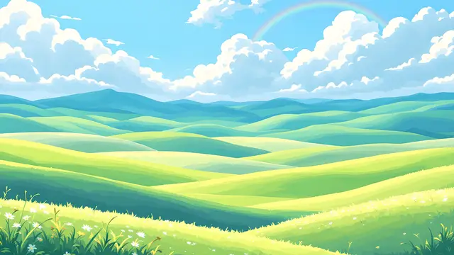 Anime-style scenery of a pastel rainbow over soft rolling hills
