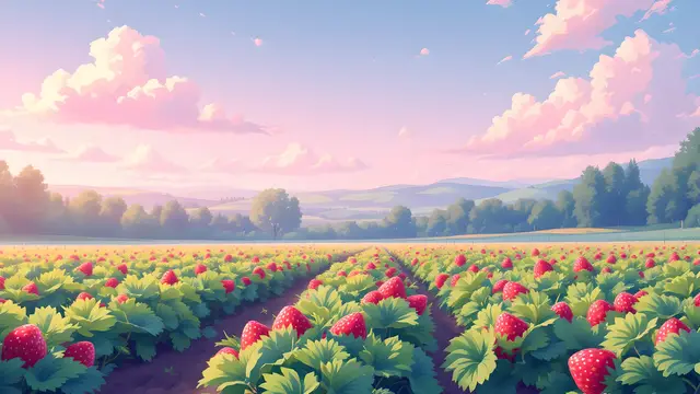 Anime-style scenery of a strawberry field under a pink morning sky