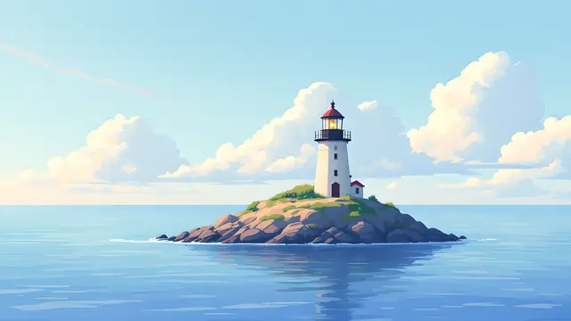 Anime-style scenery of a little lighthouse on a calm pastel sea