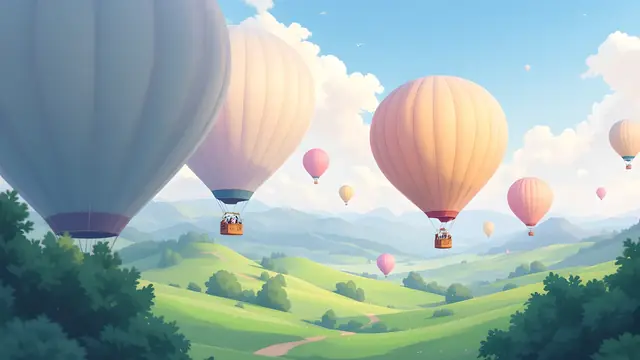Anime-style pastel hot air balloons floating over green hills