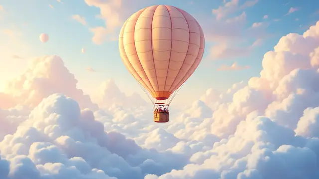 Anime-style pastel hot air balloon drifting over soft round clouds