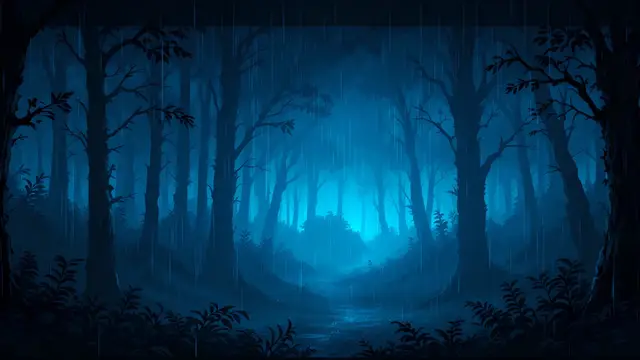 Anime-style scenery of a dark rainy forest at night with faint blue light