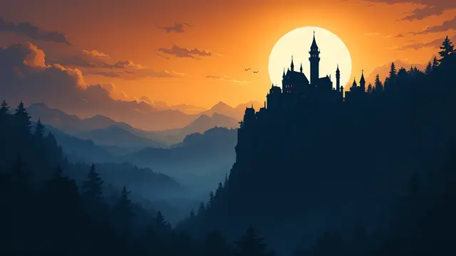 Anime-style scenery of a castle silhouette on a cliff under a full moon, dark palette