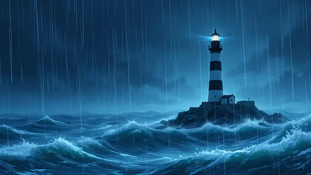 Anime-style scenery of a dark stormy sea with a lighthouse beam cutting through rain