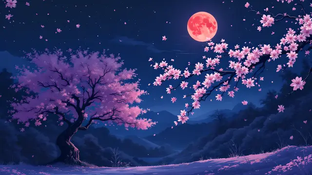 Anime-style scenery of a cherry blossom tree under a red moon at night