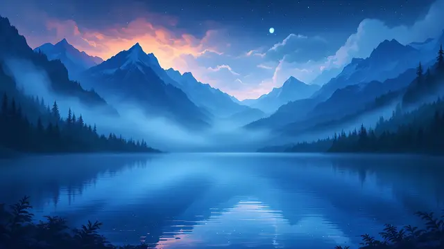 Anime-style scenery of a deep night mountain lake with drifting mist