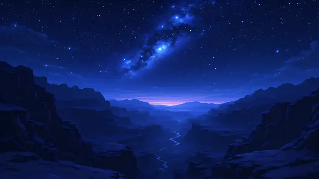 Anime-style scenery of a dark canyon under a dense starry sky