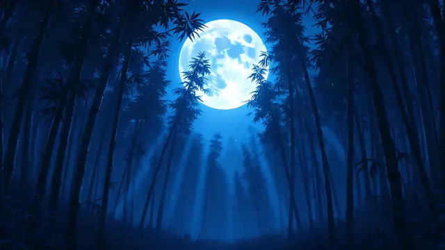 Anime-style dark bamboo forest at night with thin moonbeams
