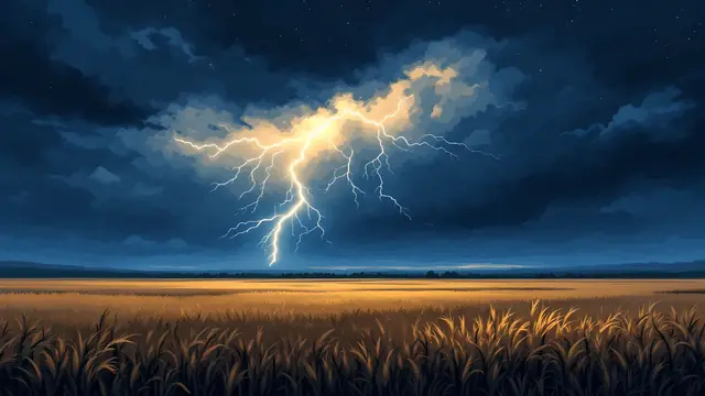 Anime-style thunderstorm over a dark wheat field at night
