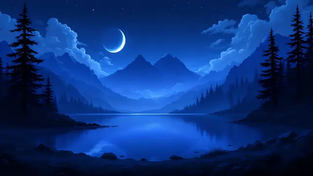 Anime-style dark mountain lake under a crescent moon with black pine silhouettes
