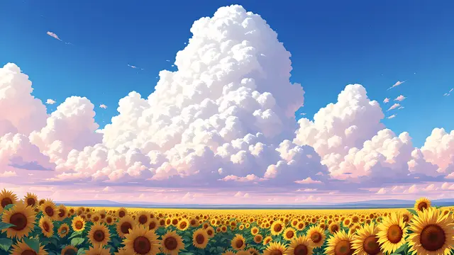 Anime-style scenery of a vast summer sky with towering white clouds over a sunflower field