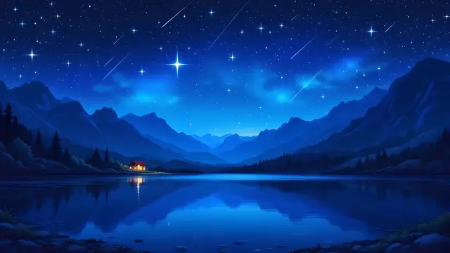 Anime-style scenery of a starry night over a still mountain lake with shooting stars