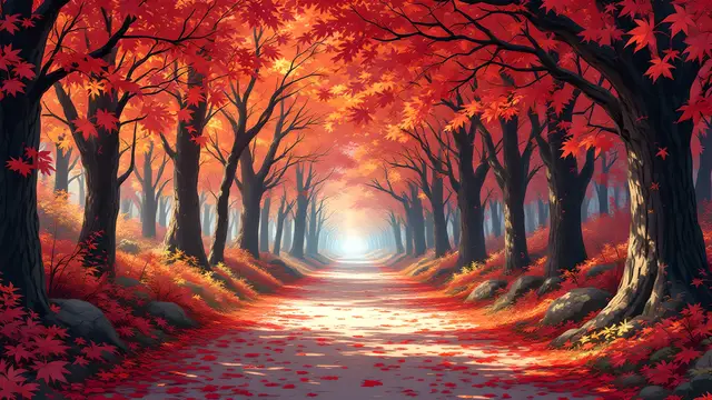 Anime-style scenery of an autumn forest path covered in red maple leaves