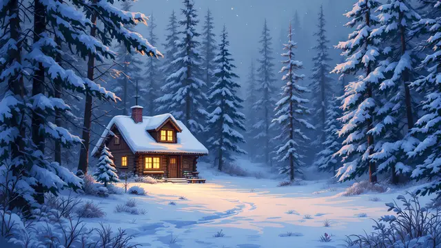 Anime-style scenery of a quiet snowy forest with a small wooden cabin and warm glowing windows