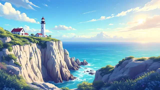 Anime-style scenery of sea cliffs with a white lighthouse under a bright afternoon sky