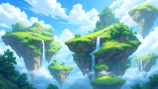 Anime-style scenery of floating grassy islands with waterfalls in a bright blue sky