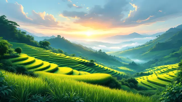 Anime-style scenery of green rice terraces on a hillside at dawn