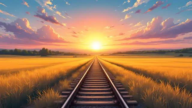 Anime-style scenery of a country railway line through golden fields at sunset