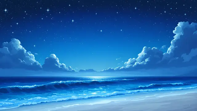 Anime-style scenery of a moonlit beach with gentle waves and a sky full of stars
