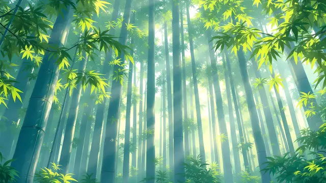 Anime-style scenery of a tall bamboo forest with rays of morning light