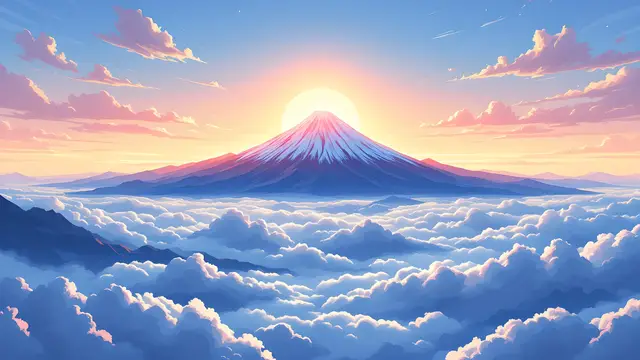 Anime-style scenery of a mountain range rising above a sea of clouds at sunrise