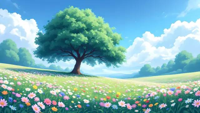 Anime-style scenery of a meadow of wildflowers with a single large tree