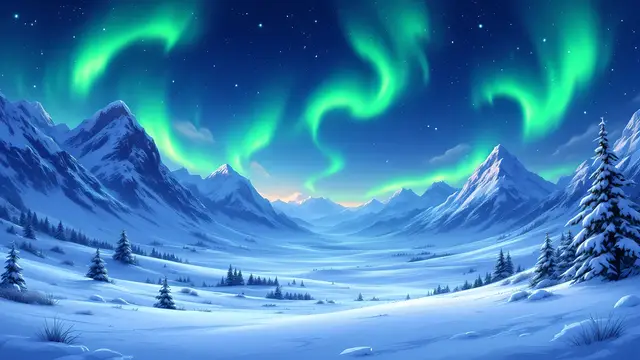 Anime-style scenery of green aurora lights over a snowy valley