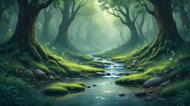 Anime-style scenery of a mossy forest stream in soft rain
