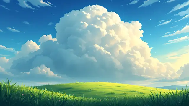 Anime-style scenery of a grassy hilltop under a huge cumulonimbus cloud