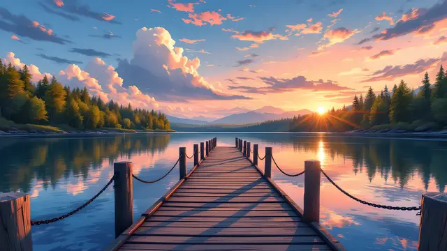Anime-style scenery of a lake with a wooden pier at sunset