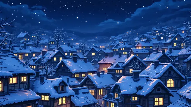 Anime-style scenery of snow-covered village rooftops at night with warm glowing windows