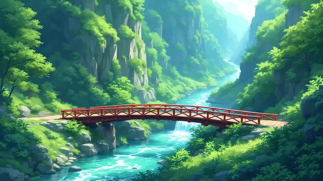 Anime-style scenery of a river running through a green gorge crossed by a red wooden footbridge