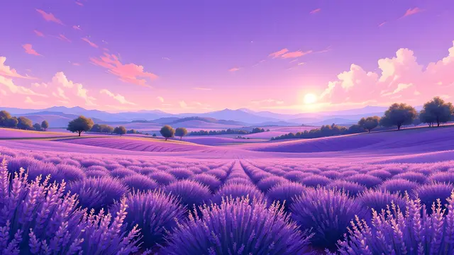 Anime-style scenery of lavender fields under a purple dusk sky