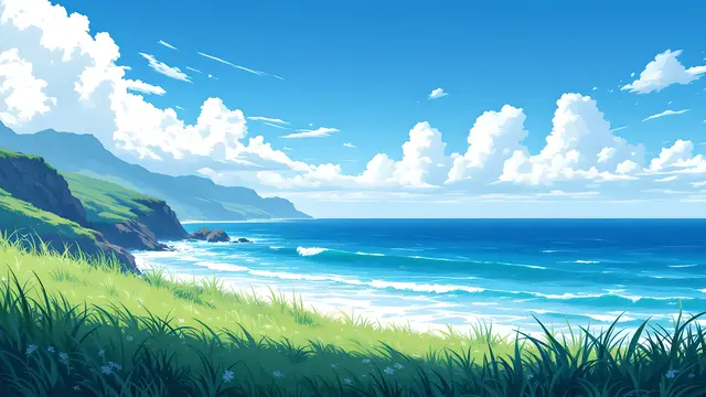 Anime-style scenery of an ocean view from a grassy hill with wind in the grass