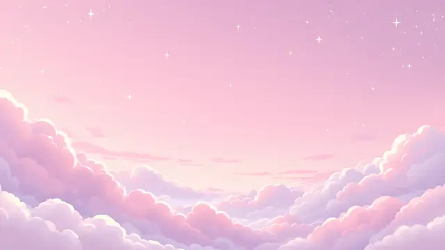 Anime-style scenery of a pastel pink sky with soft round clouds and tiny twinkling stars