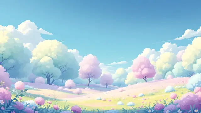 Anime-style scenery of a candy-coloured pastel meadow with round fluffy trees