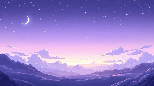 Anime-style scenery of a pastel crescent moon and stars in a lilac night sky