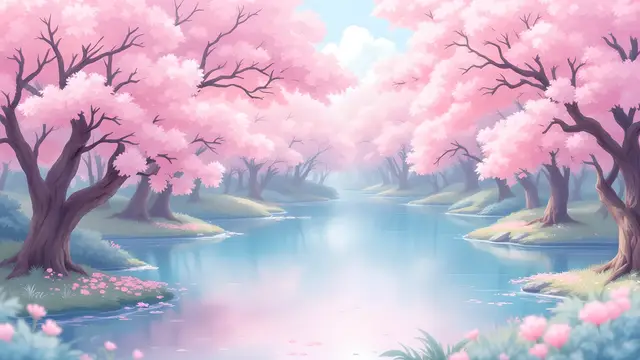 Anime-style scenery of soft pink cherry trees around a pastel blue pond