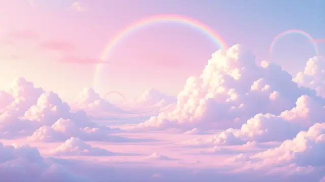 Anime-style scenery of a pastel cloud landscape with small rainbows
