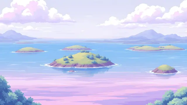 Anime-style pastel pink sea with small round islands and lilac clouds