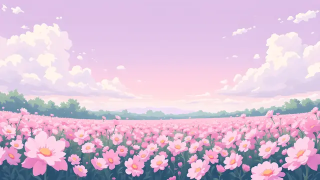 Anime-style pastel pink field of round flowers under a soft lilac sky